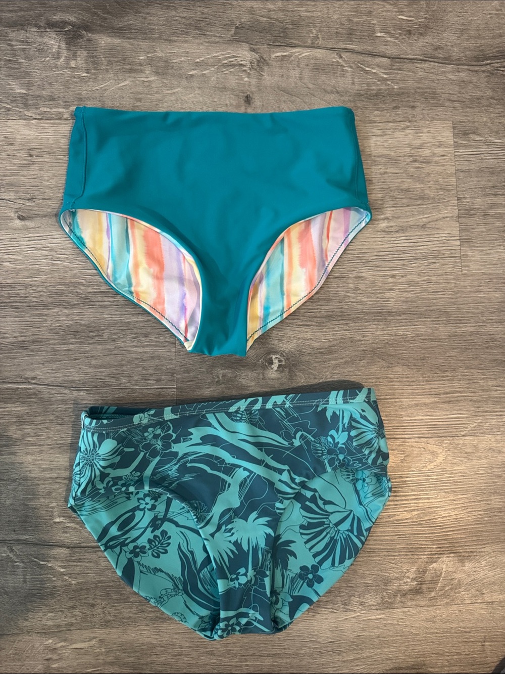Athleta Girl Floral & Stripe Teal Reversible Swim Bottoms Set of 2 Size XL / 14